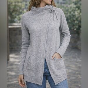 360 Cashmere Grey Draped Wrap Tie Front Moto Waterfall Cardigan Sweater